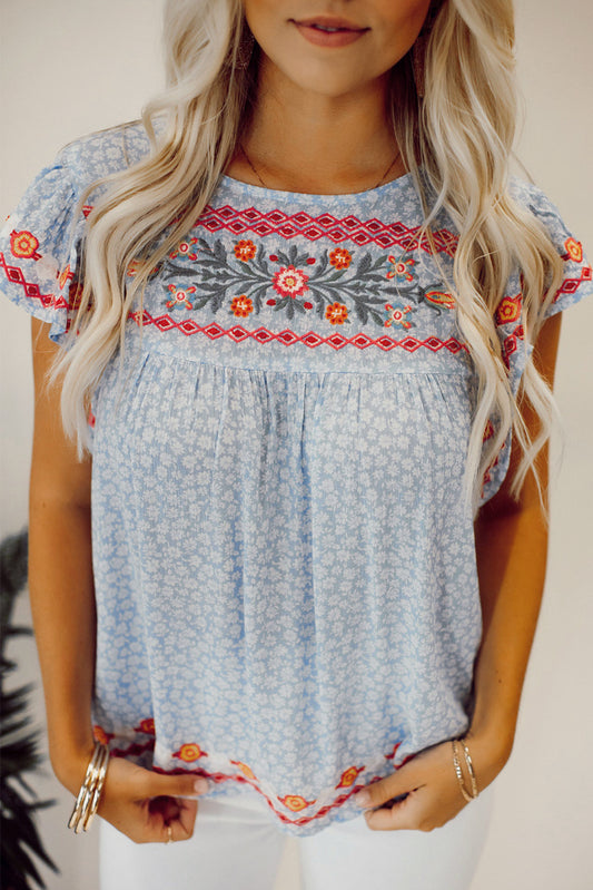 Sky Blue Boho Embroidered Floral Print Flutter Sleeve Blouse