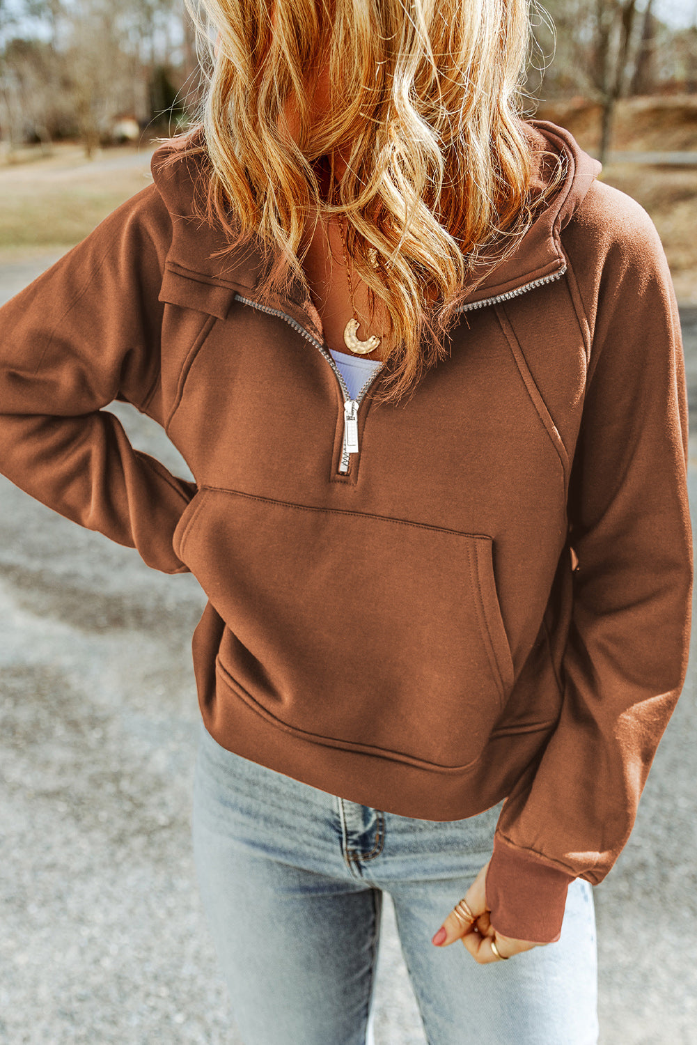 Pink Thumbhole Raglan Sleeve Half Zip Pullover Hoodie