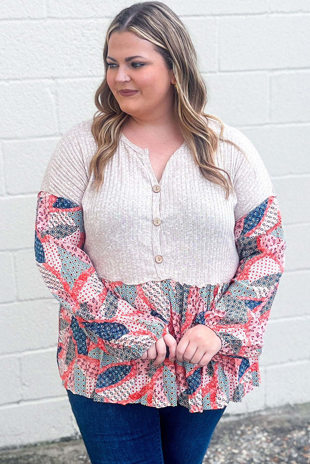 Apricot Plus Size Patchwork Textured Buttoned Blouse