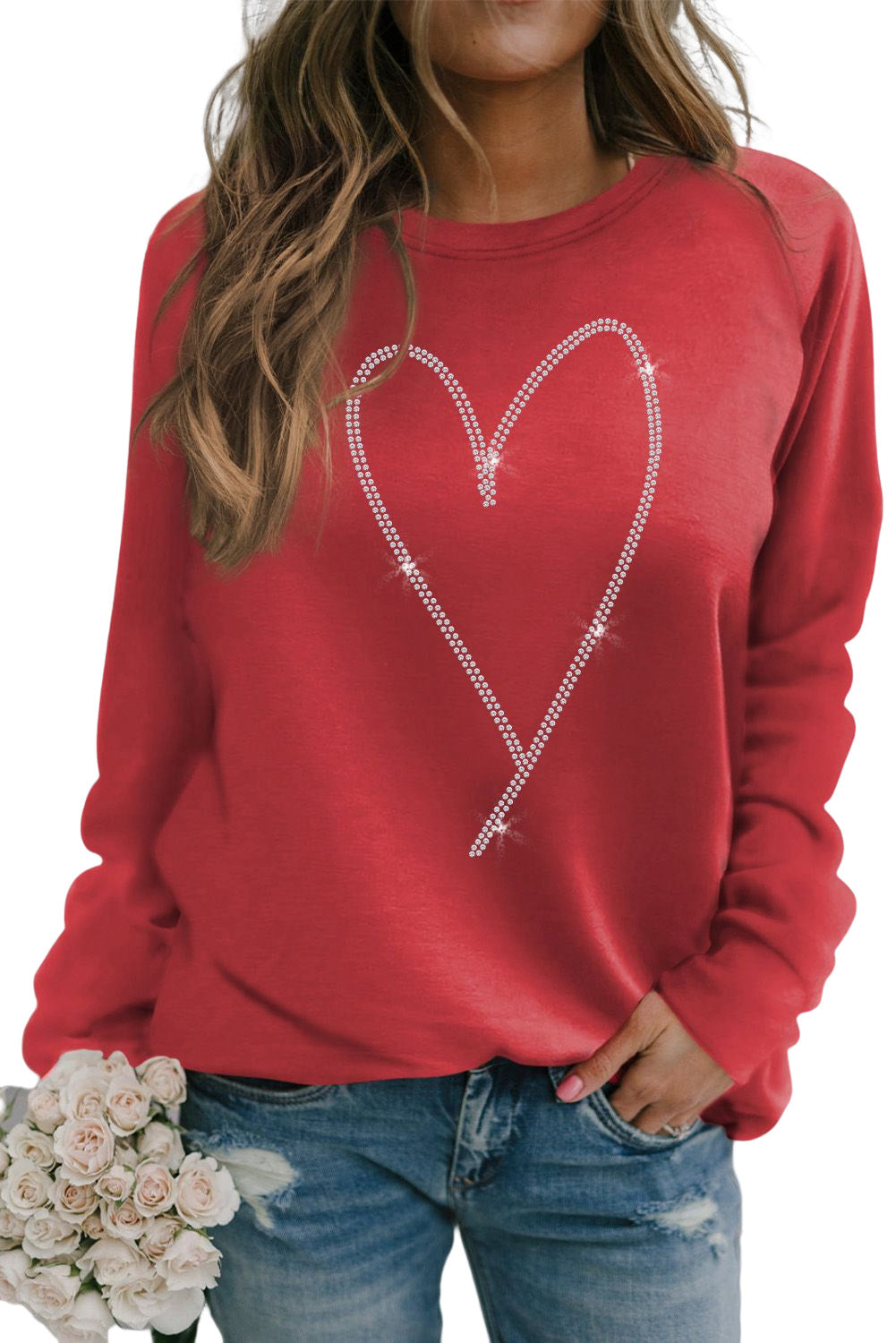 Red Casual Rhinestone Heart Shaped Graphic Sweatshirt