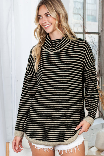 Gray Striped Turtleneck Oversized Sweater