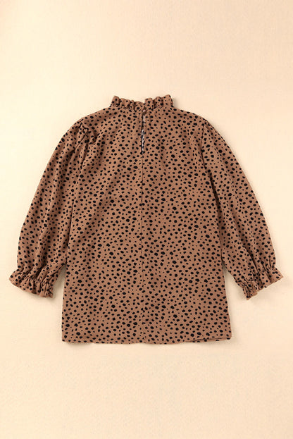 Khaki Leopard 3/4 Ruffle Sleeve Frill Neck Blouse