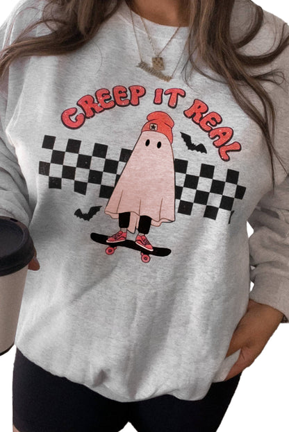 Light Grey Creep It Real Ghost Print Halloween Plus Size Sweatshirt