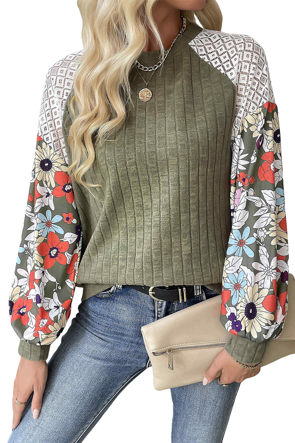 Black Floral Patchwork Raglan Sleeve Ribbed Top