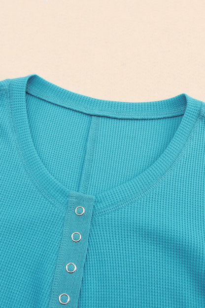 Sky Blue Waffle Knit Long Sleeve Buttoned Henley Top