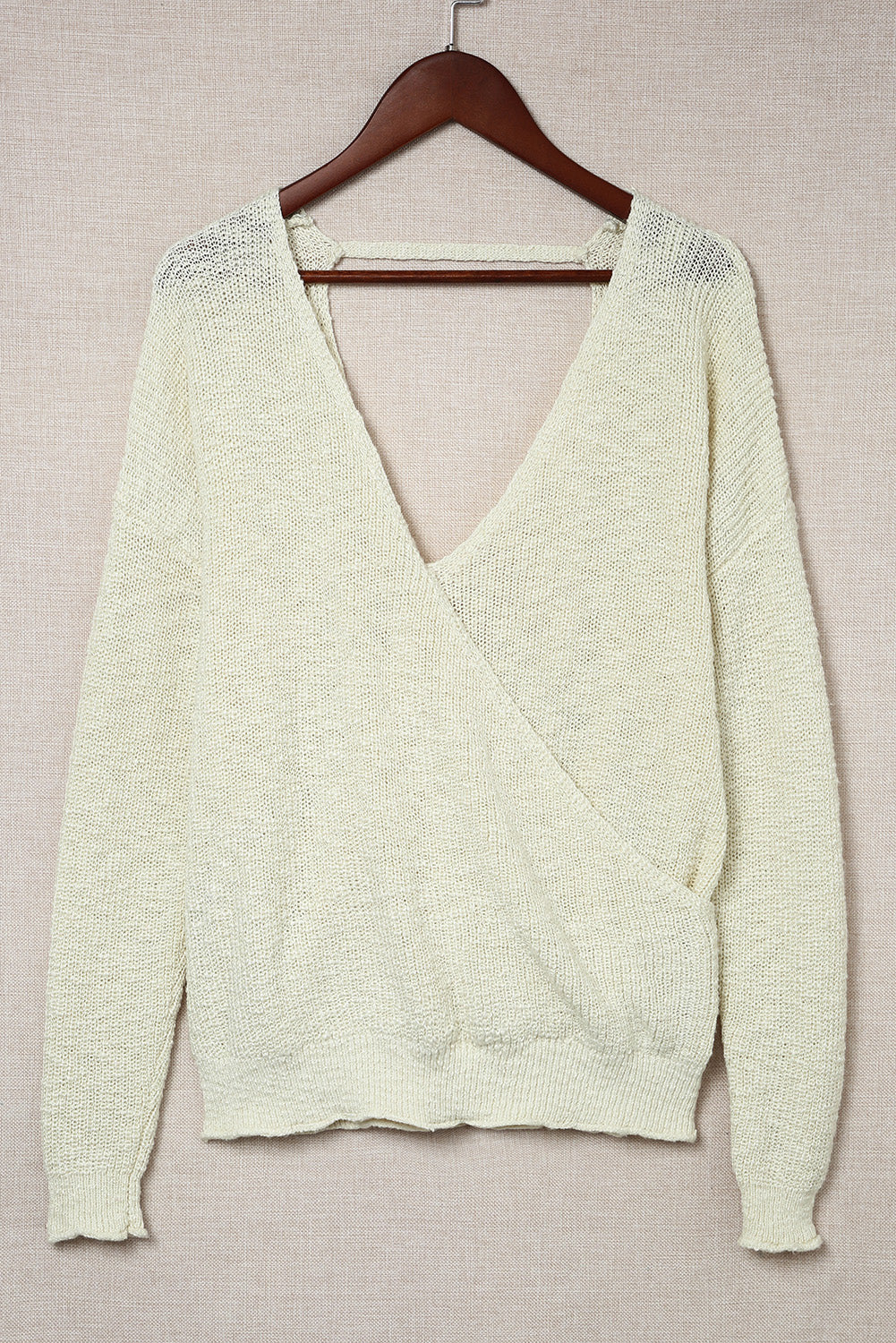 Beige Wrap Casual V Neck Backless Knit Sweater