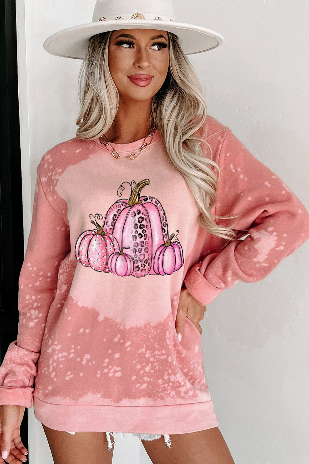 Pink Pumpkin Bleached Tie Dye Graphic Sweatshirt