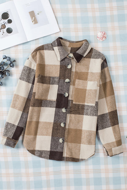 Plaid Color Block Buttoned Pocket Long Sleeve Shacket