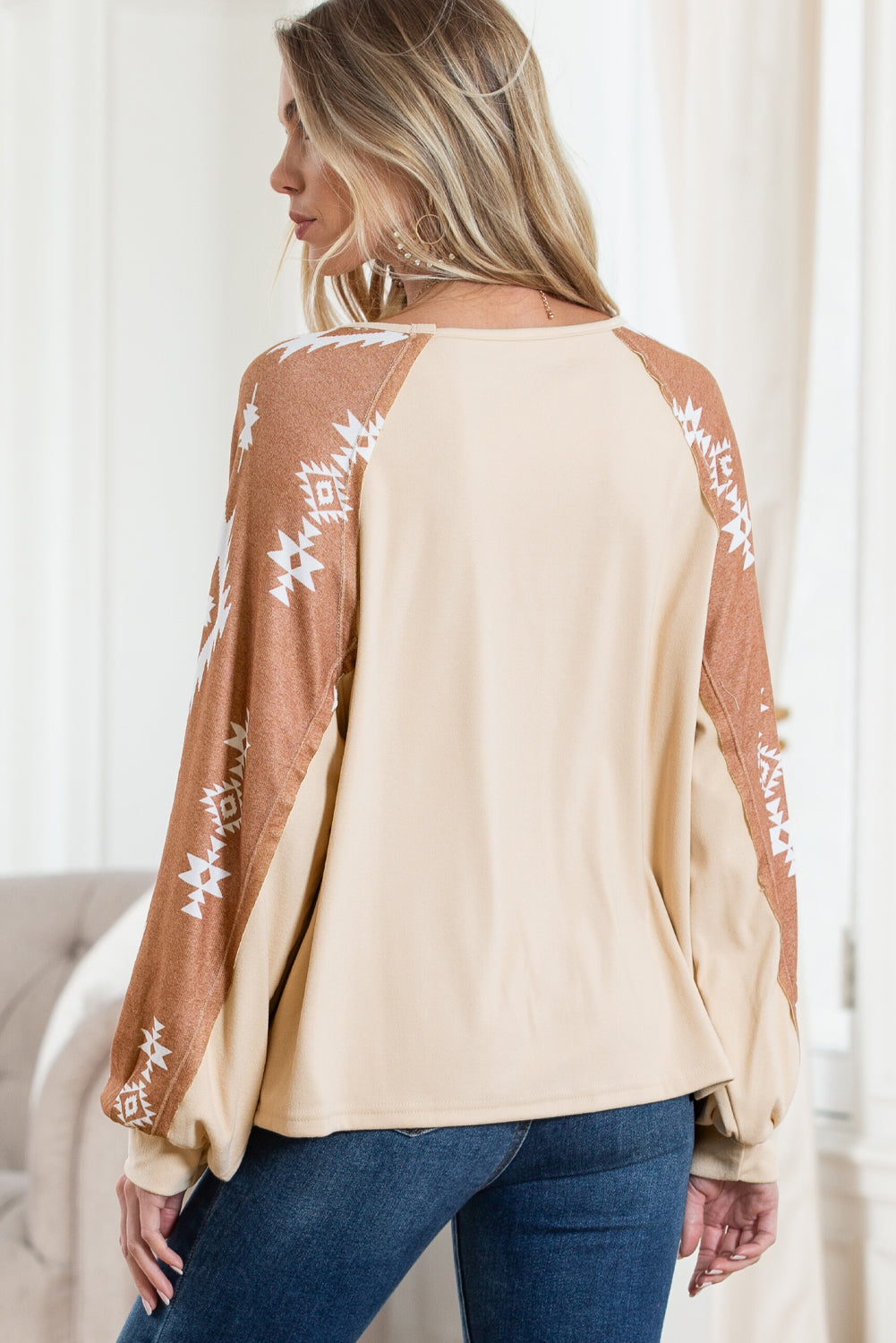 Apricot Casual Ethnic Print Patch Long Sleeve Top