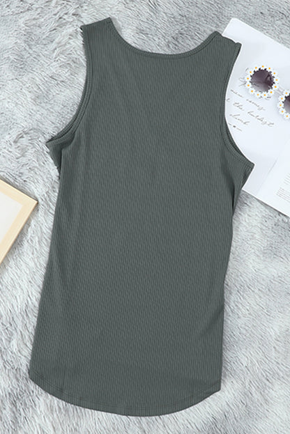 Button V-Neck Black Rib-Knit Tank Top