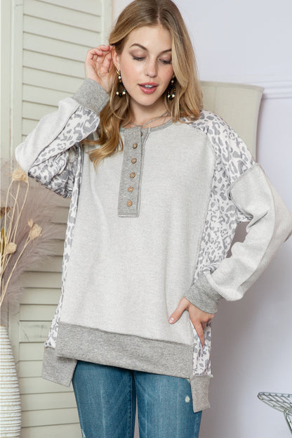 Grey Leopard Print Raglan Sleeve Casual Henley Sweatshirt