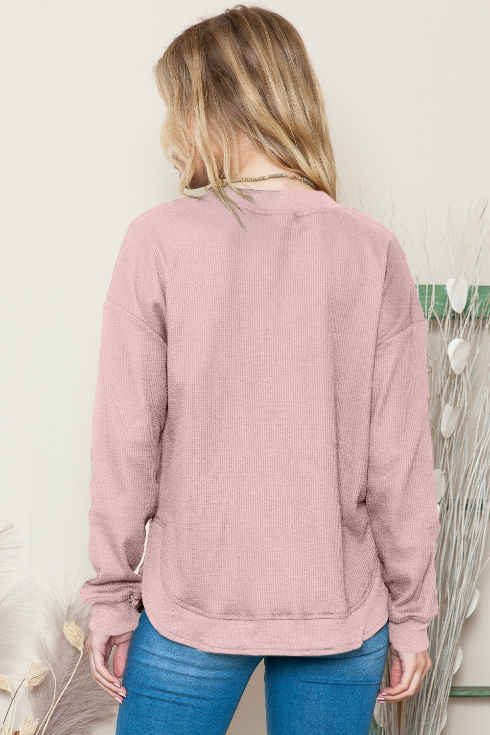 Pink Waffle Knit Crew Neck Casual Long Sleeve Top