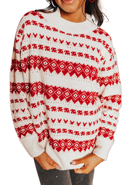 White Geometric Patterned Crew Neck Loose Sweater