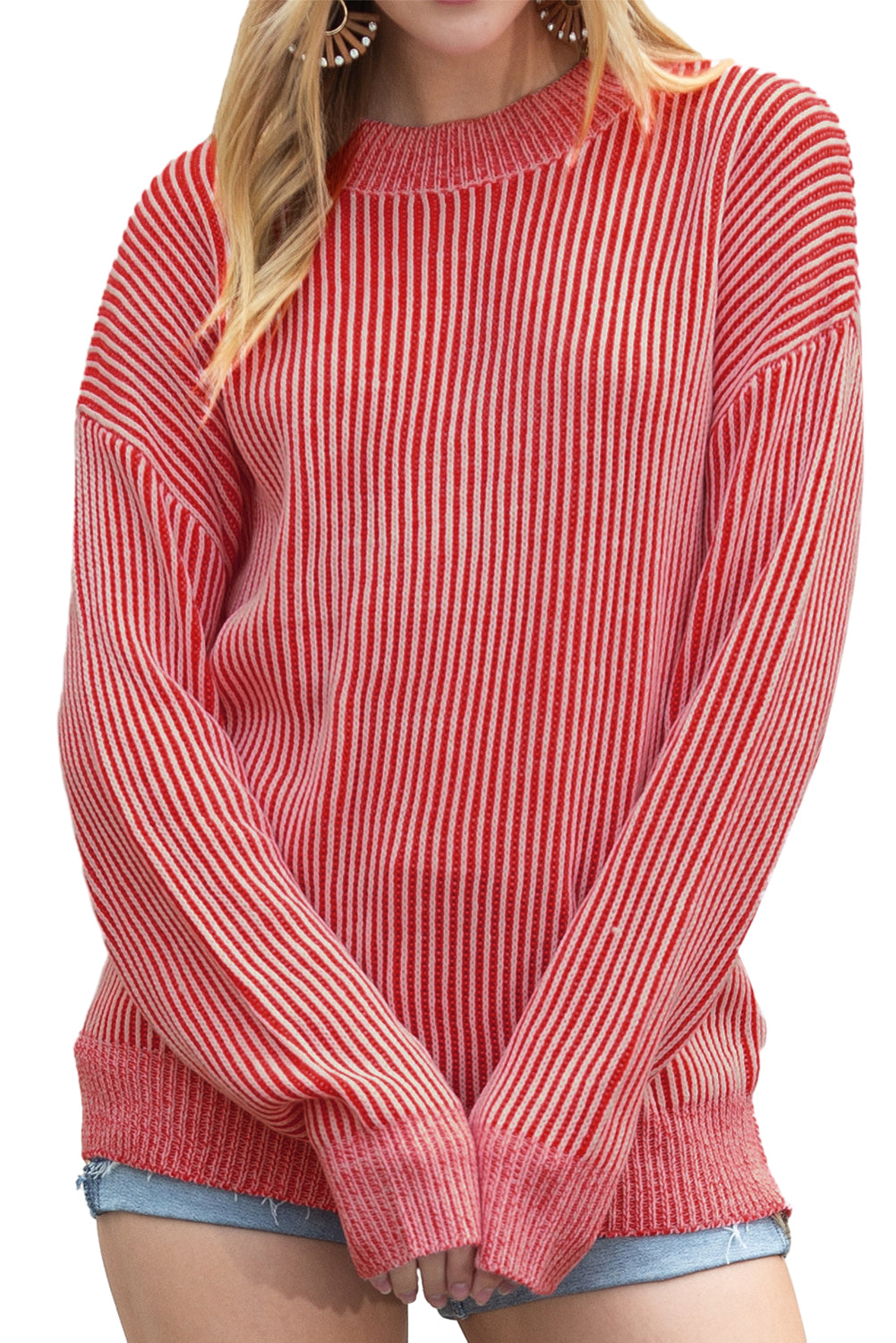 Red Casual Stripe Print Round Neck Sweater