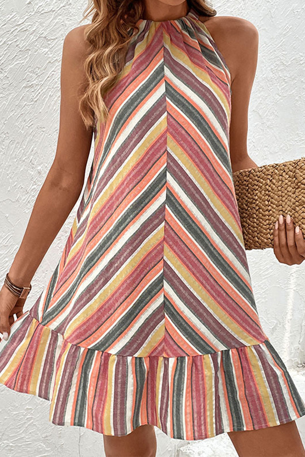 Multicolour Striped Halter Neck Sleeveless Mini Dress