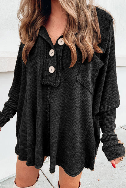 Black Waffle Pocket Seam Patchwork Loose Knit Top