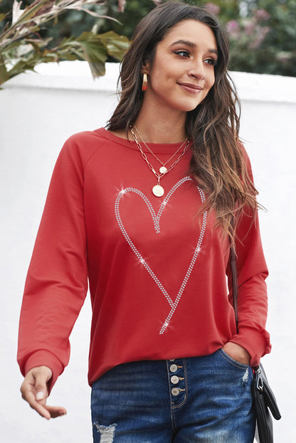 Red Casual Rhinestone Heart Shaped Graphic Sweatshirt