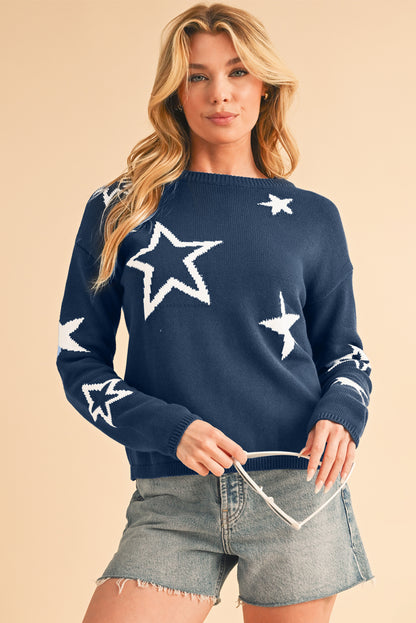 Sail Blue Star Print Drop Sleeve Cable Knit Sweater