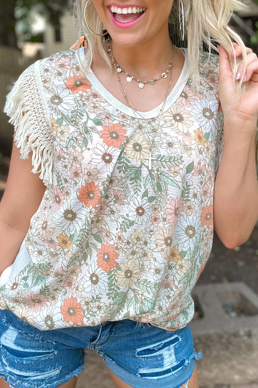 White Floral Print Fringe Shoulder Sleeveless Shirt