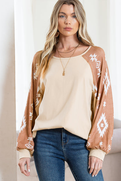 Apricot Casual Ethnic Print Patch Long Sleeve Top