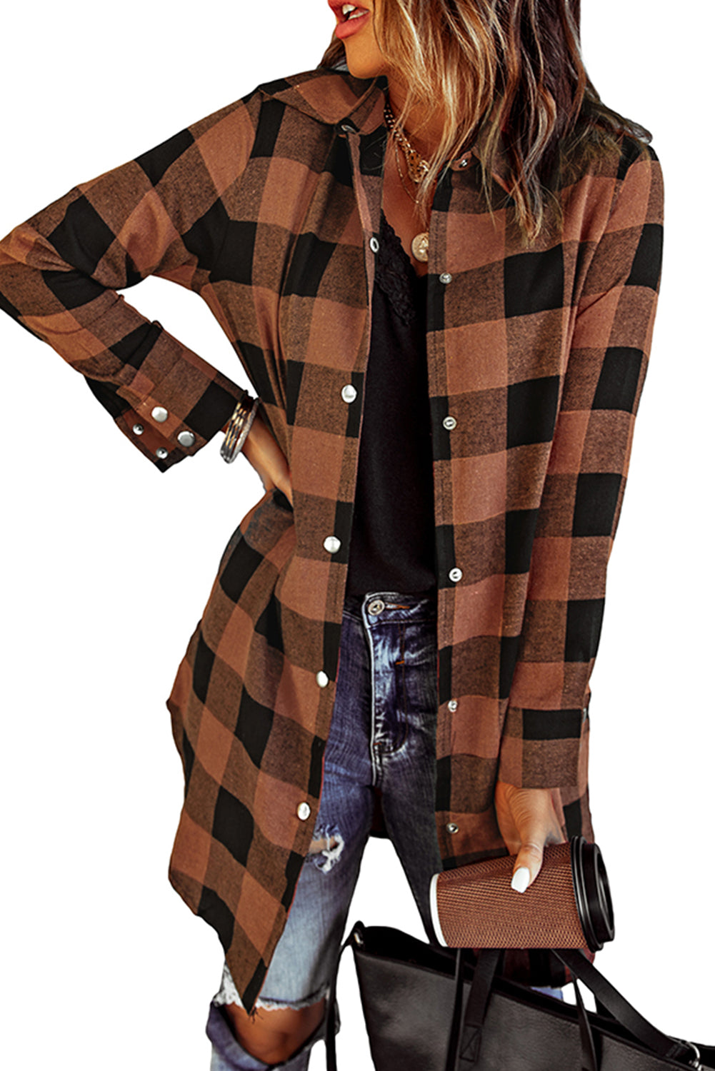 Brown & Black Plaid Collared Botton Down Long Shirt Shacket