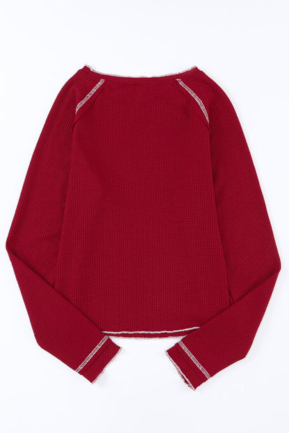 Red Exposed Seam Textured Pullover Long Sleeve Top