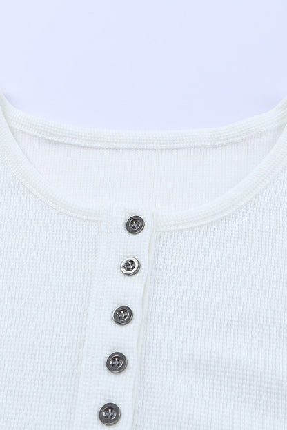 White Casual Waffle Button Front Knit Henley Top