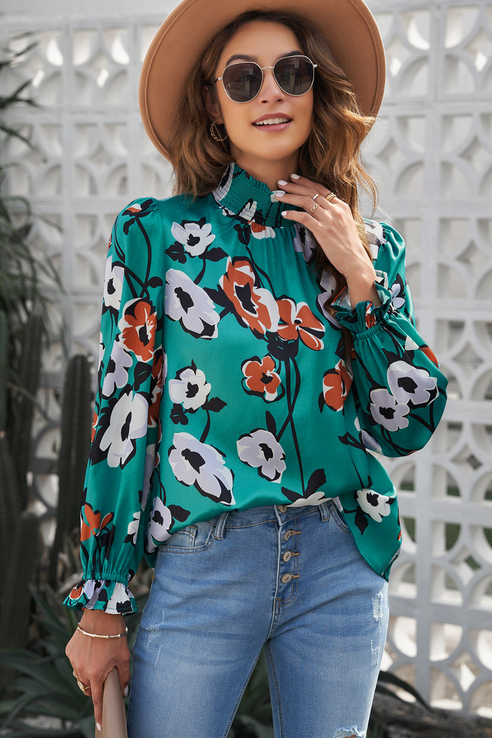 Green Mock Neck Top Floral Print Long Sleeve Silk Blouse