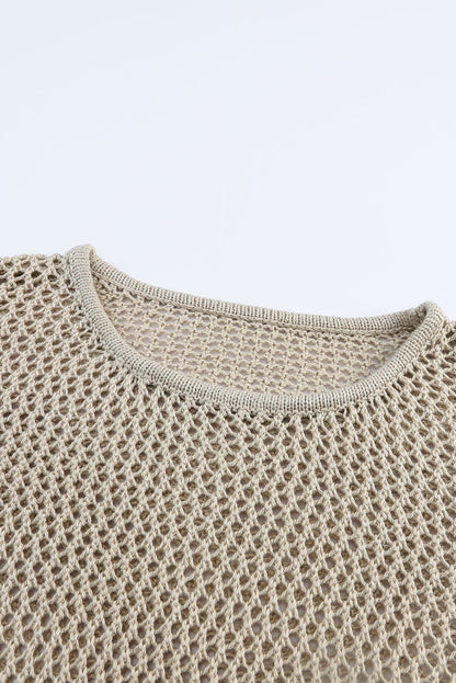 Khaki Solid Hollow-out Knit Long Sleeve Top