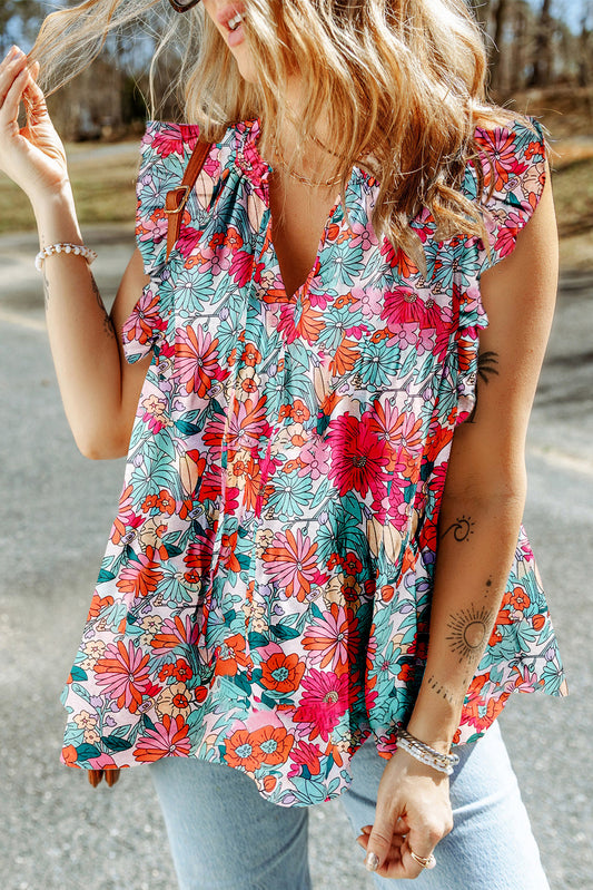 Rose Red Boho Floral Print Ruffle Tie V Neck Sleeveless Shirt