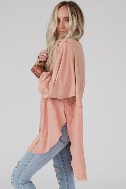 Grey Crinkled Patchwork Raw Hem Oversized Top