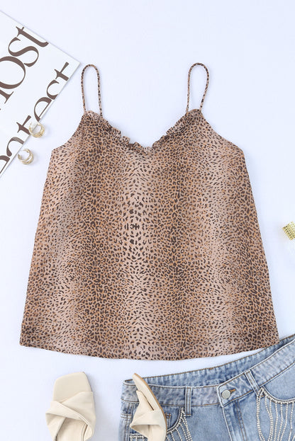 Cheetah Sexy Frill V Neck Spaghetti Strap Cami Top