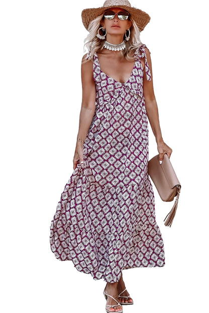 Purple Geometric Print Knotted Straps V Neck Vacation Dress