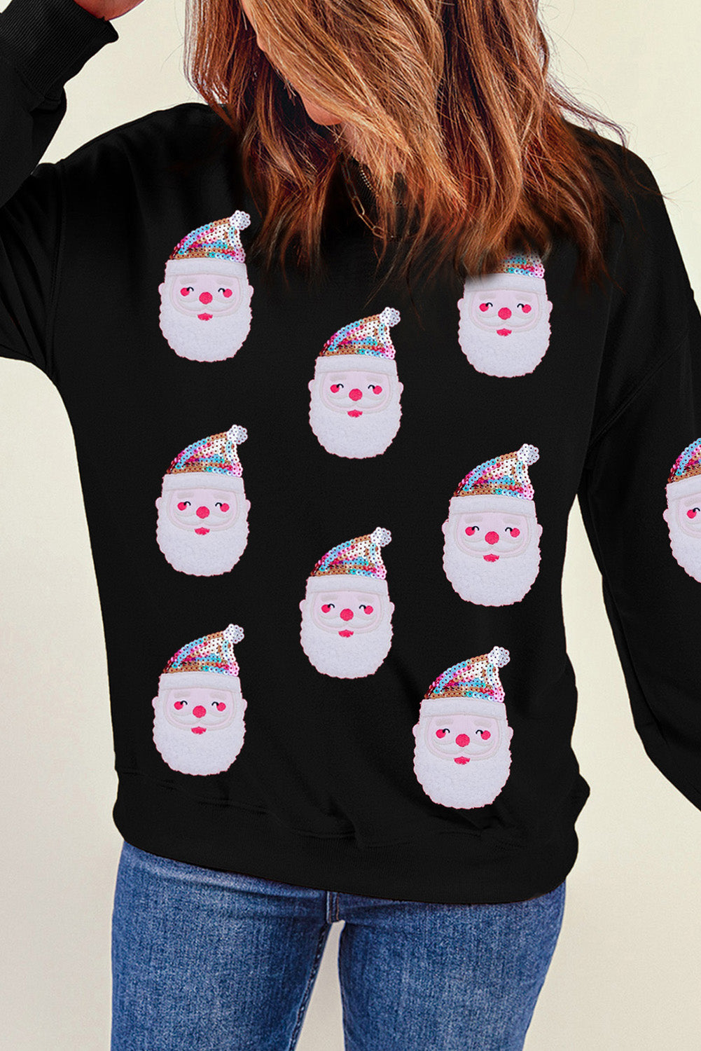 Black Christmas Santa Clause Patterned Graphic Sweatshirt