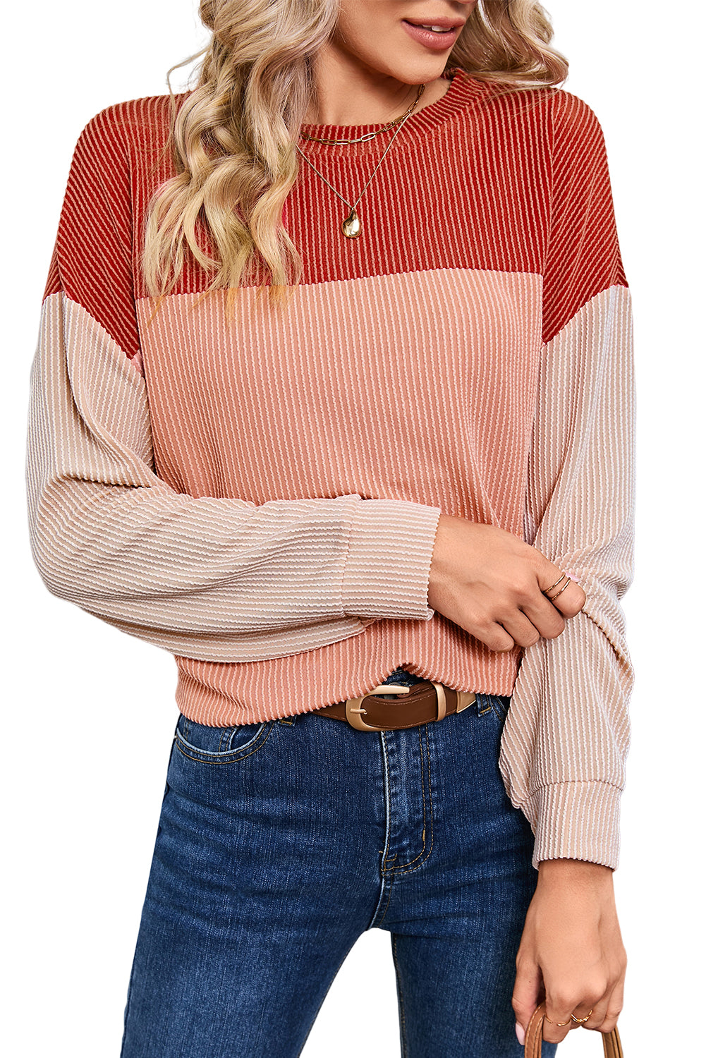 Black Color Block Corduroy Long Sleeve Top