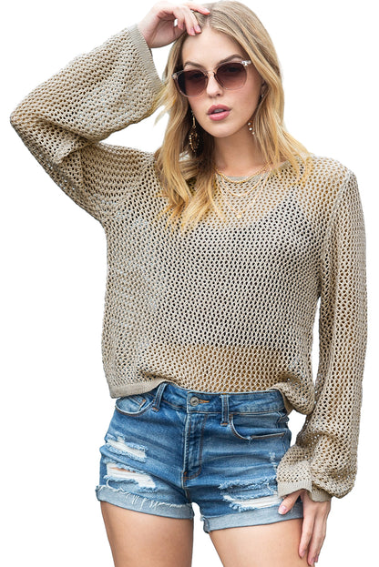 Khaki Solid Hollow-out Knit Long Sleeve Top