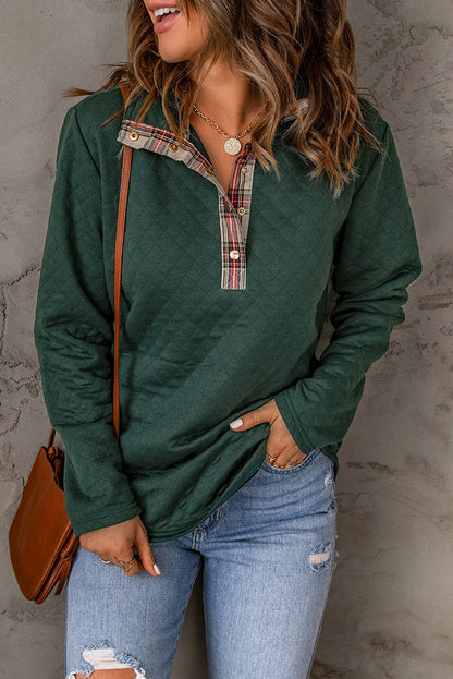 Green Plaid Geometric Texture Trim Buttons Neck Quilted Sweatshirt