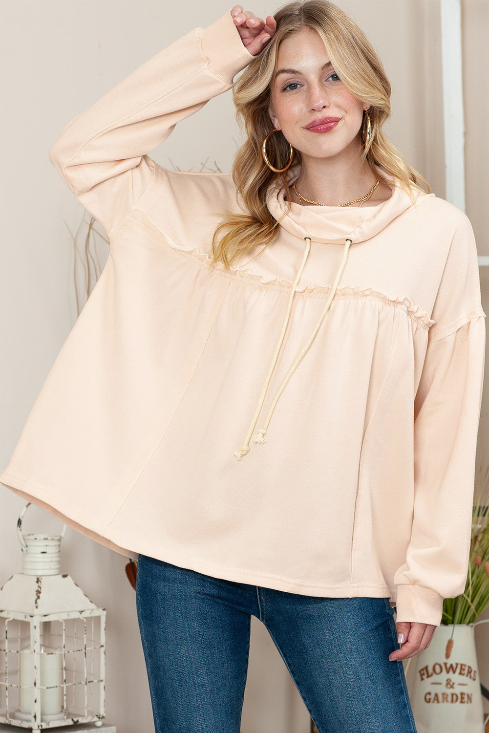 Beige Oversized Cowl Neck Pullover