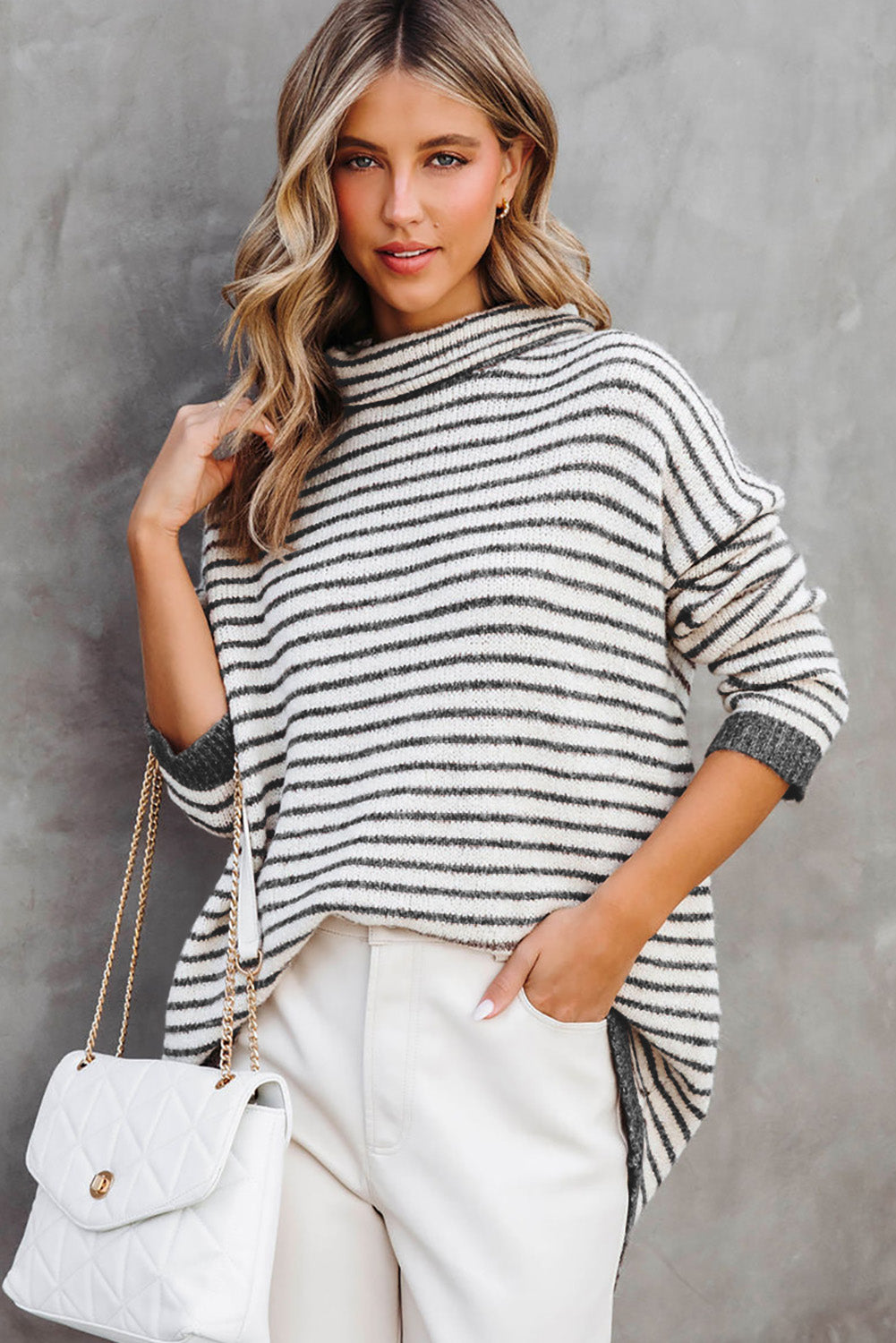 Gray Striped Turtleneck Oversized Sweater