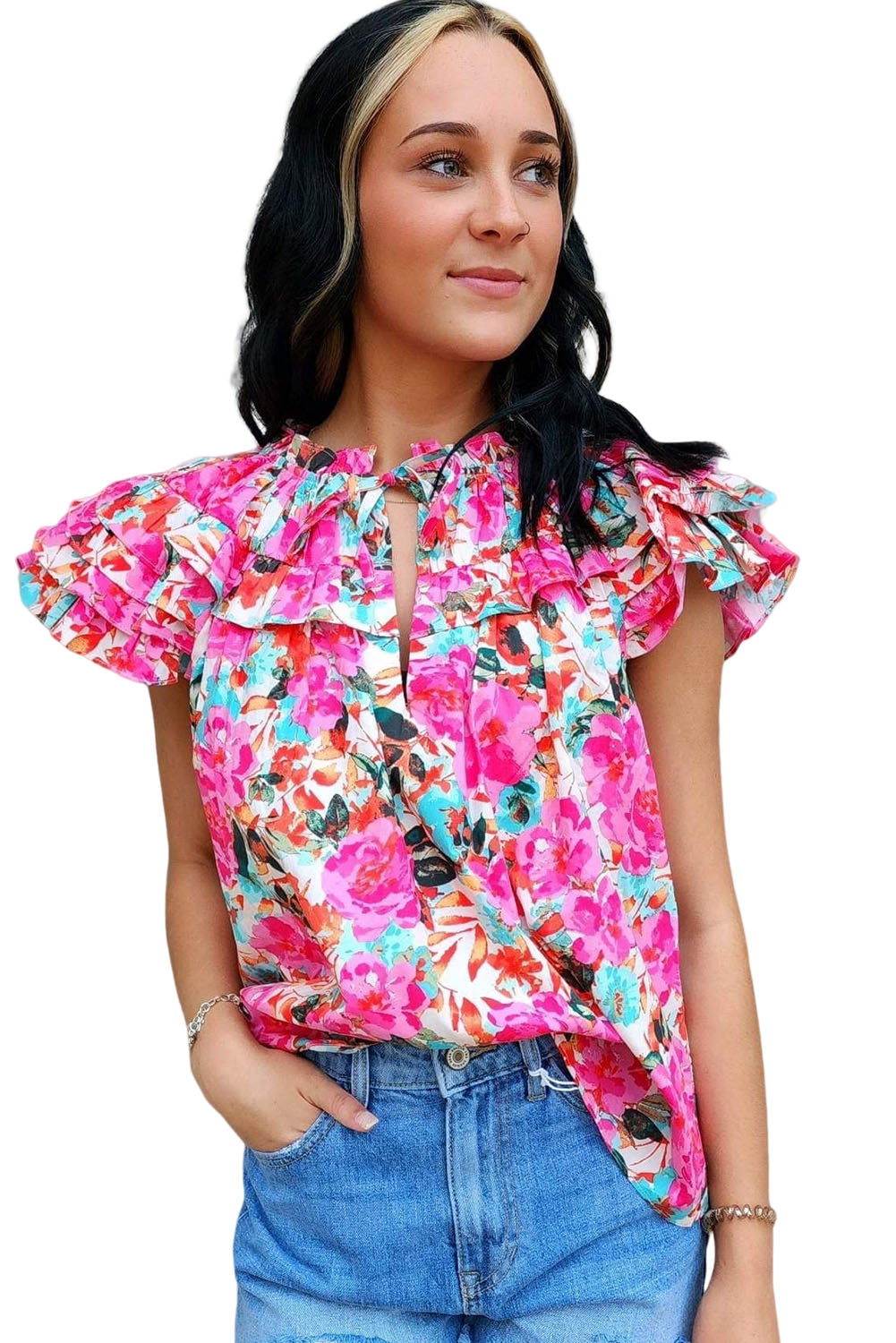 Rose Ruffle Flutter Sleeve Floral Print Blouse