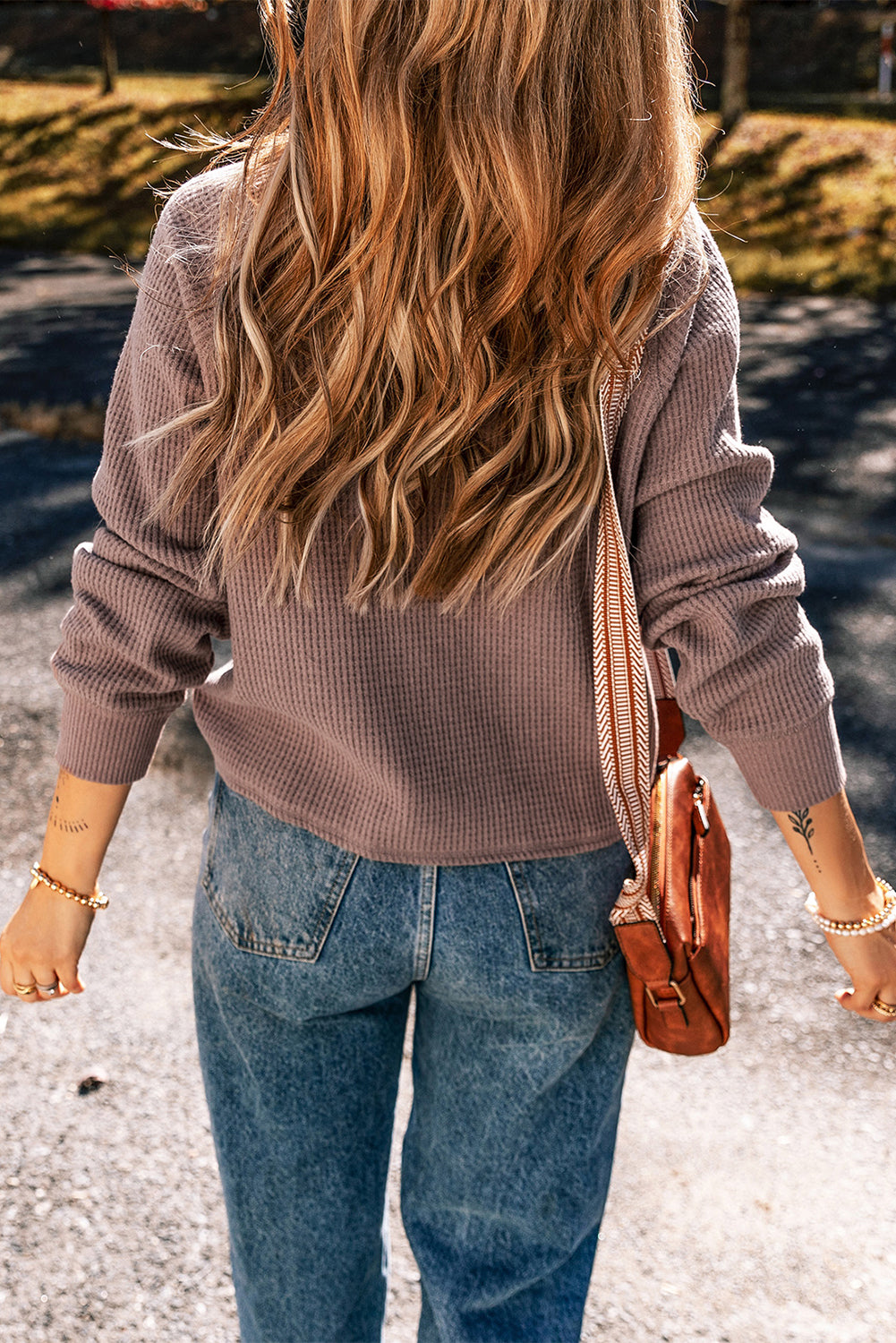 Chestnut Plain Waffle Knit Long Sleeve Henley Top