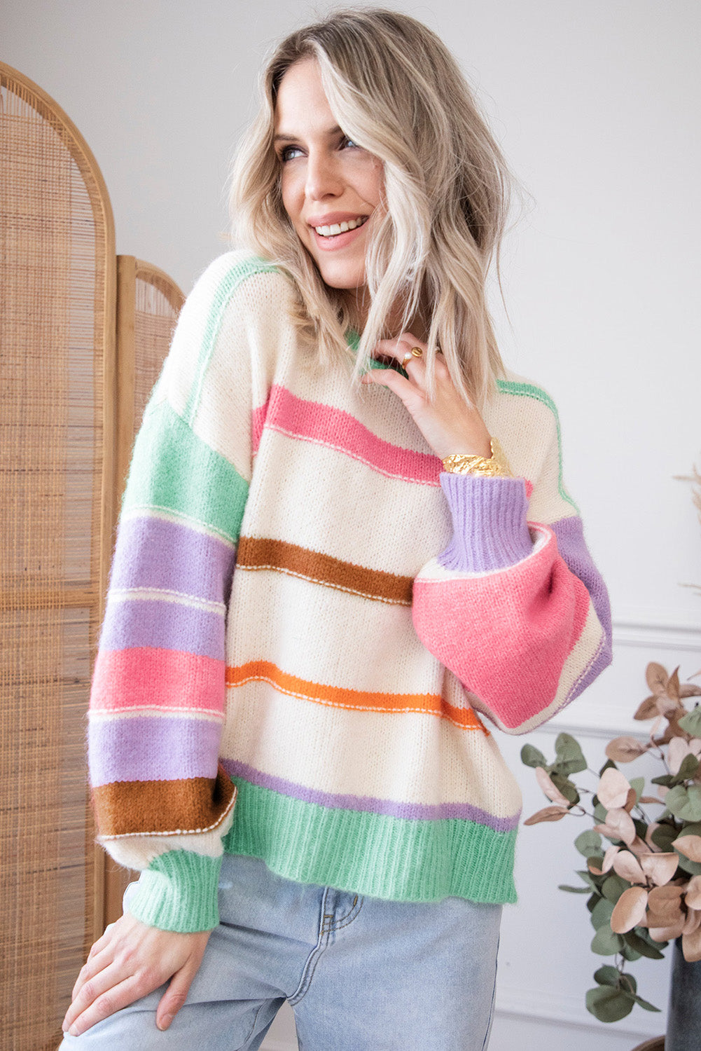 Multicolor Striped Drop Shoulder Crew Neck Sweater