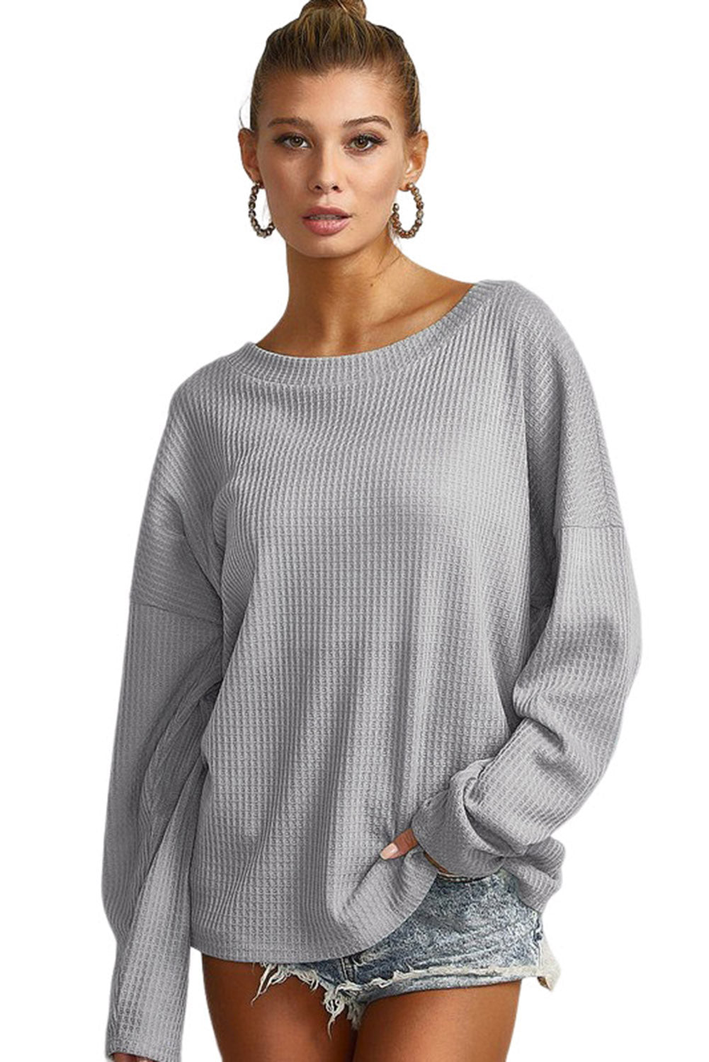 Grey Waffle Knit Backless Drop Shoulder Top