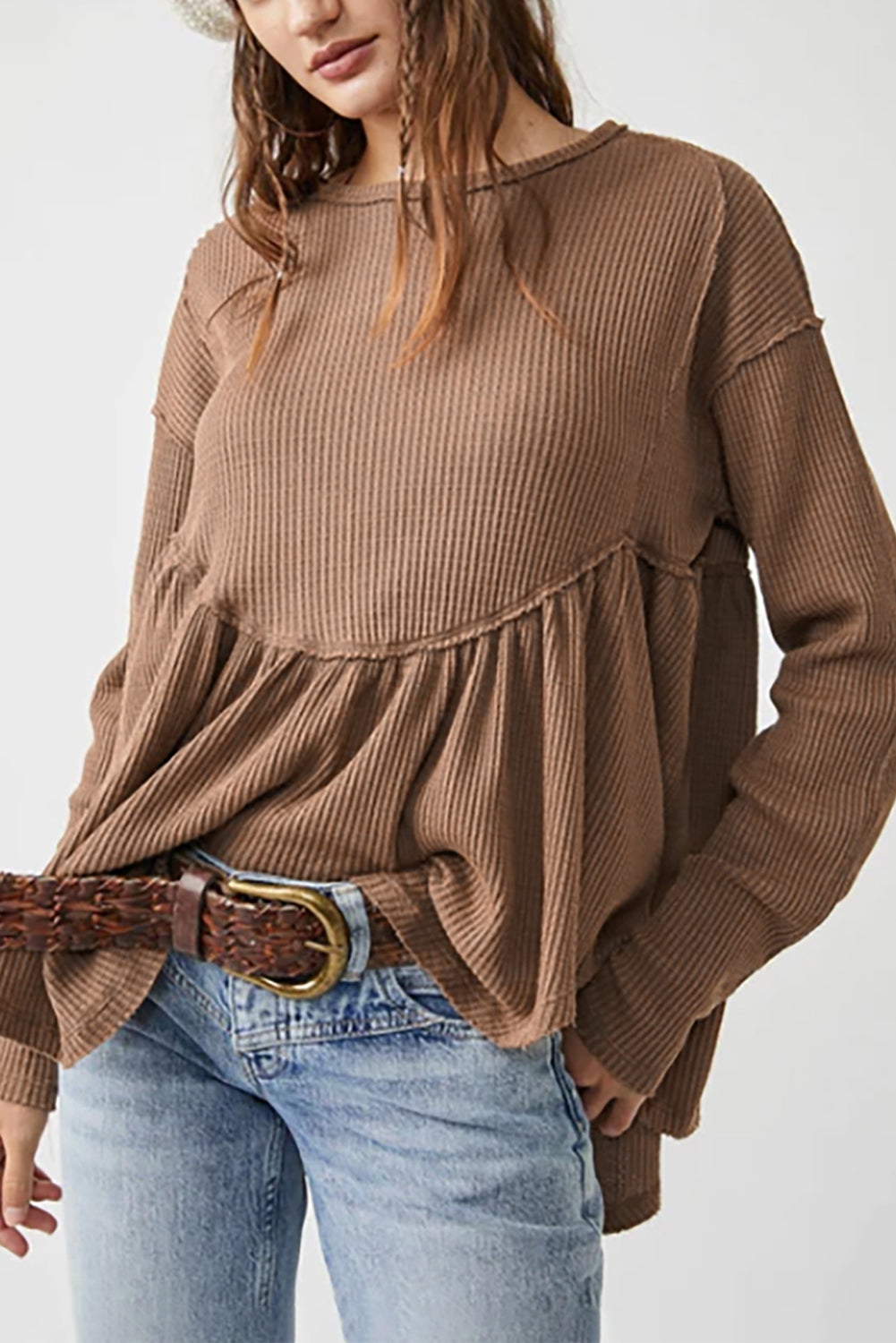 Brown Textured Exposed Seam Pullover Long Sleeve Top