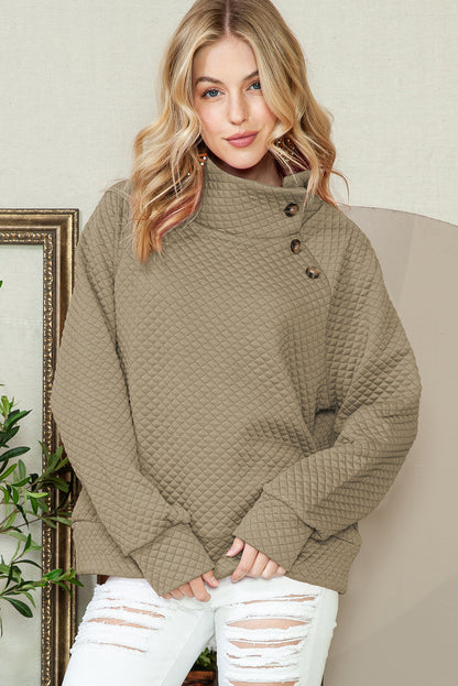 Rose Red Quilted Buttoned Neck Pullover Sweatshirt