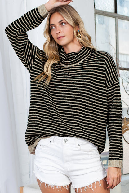 Gray Striped Turtleneck Oversized Sweater