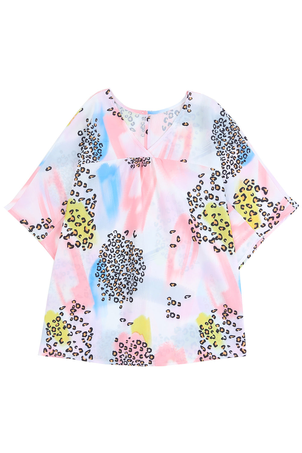 White Tie Dye Leopard Print Color Block Back Button Keyhole Blouse