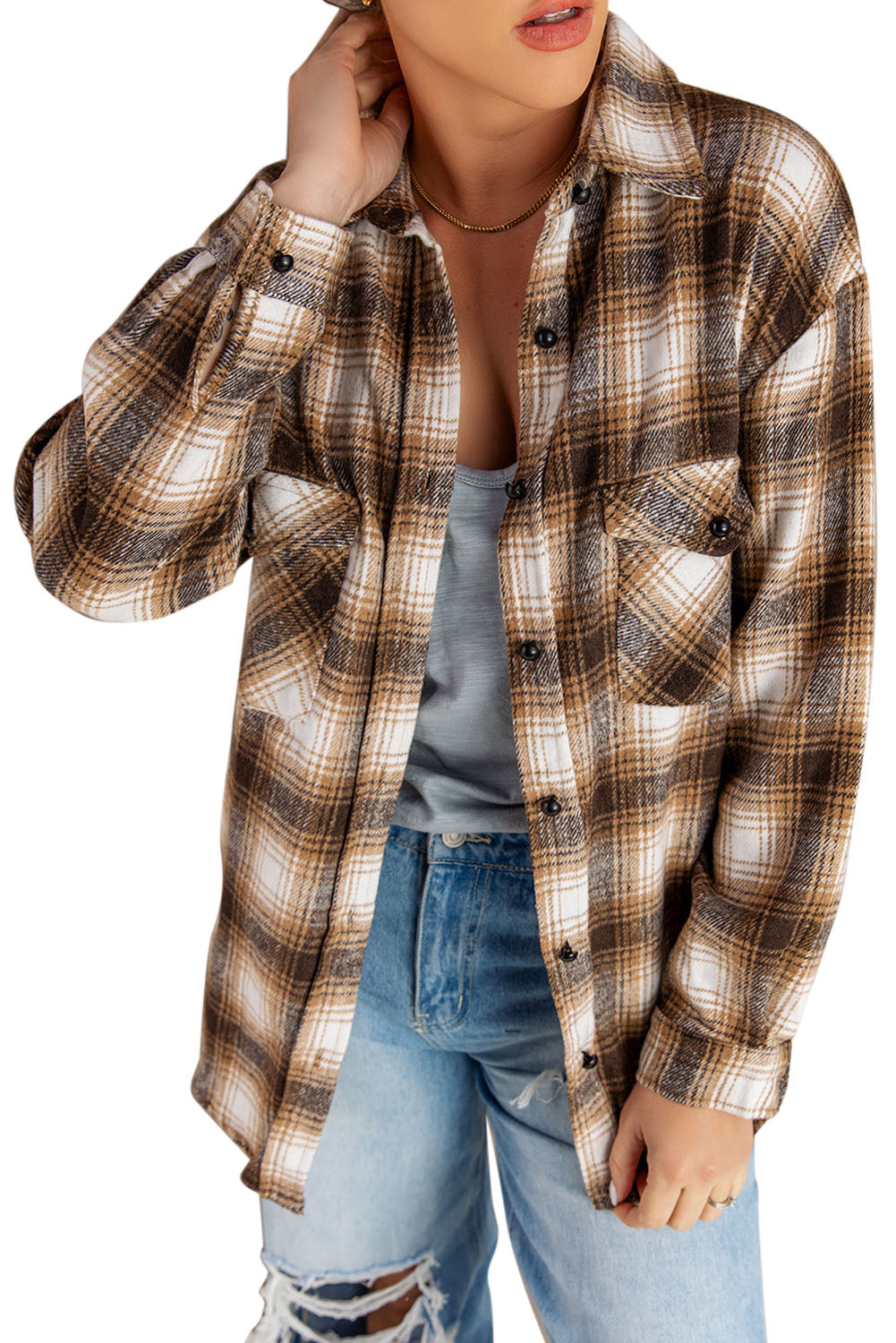 Brown Button Up Collared Plaid Shacket