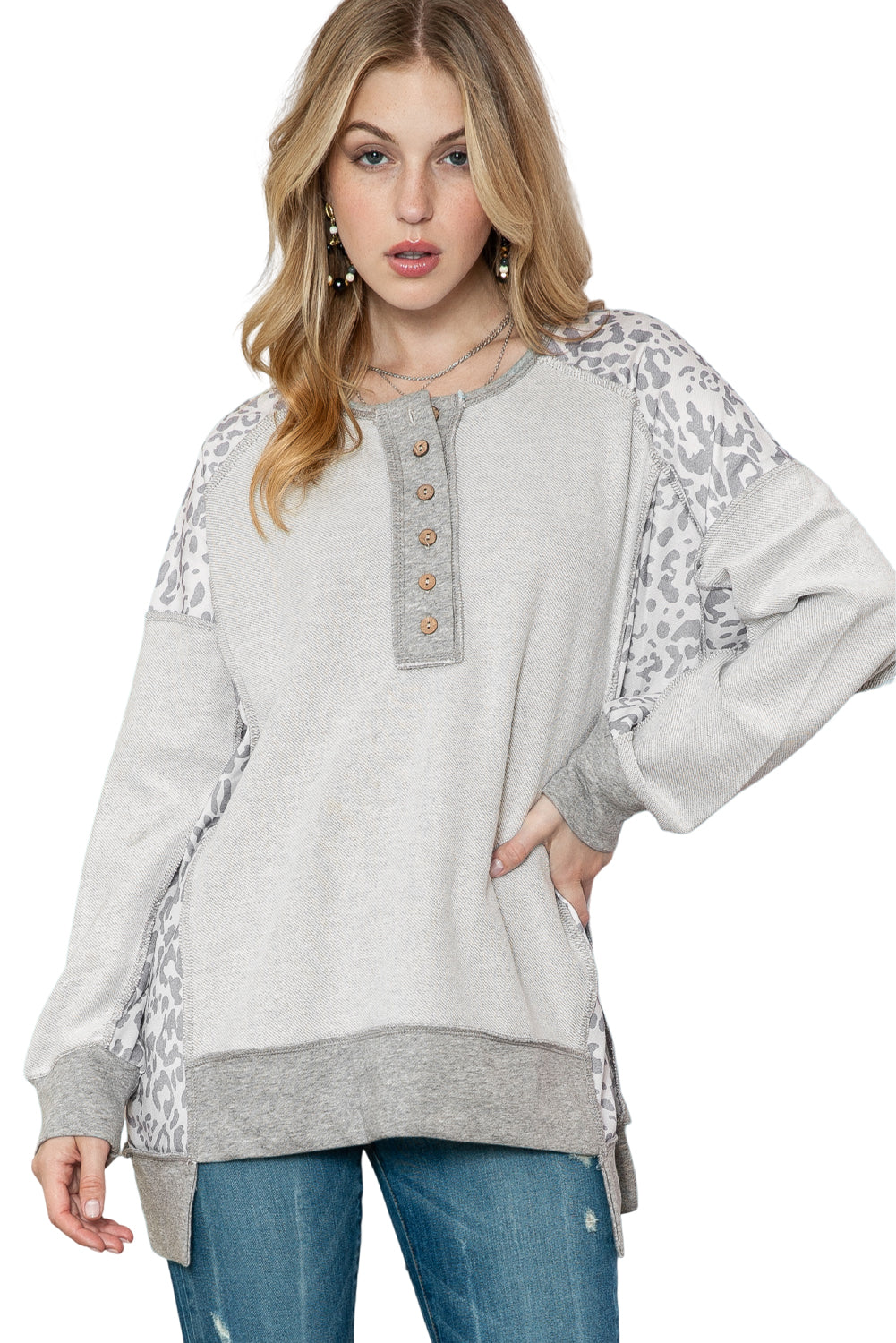 Grey Leopard Print Raglan Sleeve Casual Henley Sweatshirt