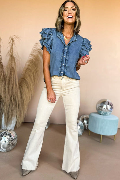 Ashleigh Blue Frayed Denim Top with Ruffled Flutter